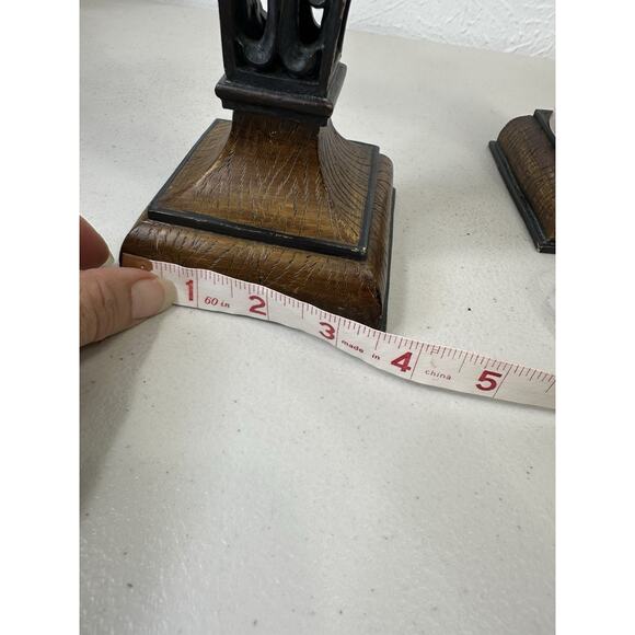 Set 2 Rustic Resin Dark Wood Pattern Pillar Candle Holders 11 Inch Ornate Metal - Picture 10 of 14